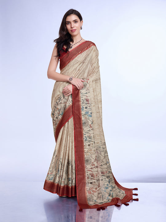 Cream Poly Silk Daily Wear Saree With Blouse Piece