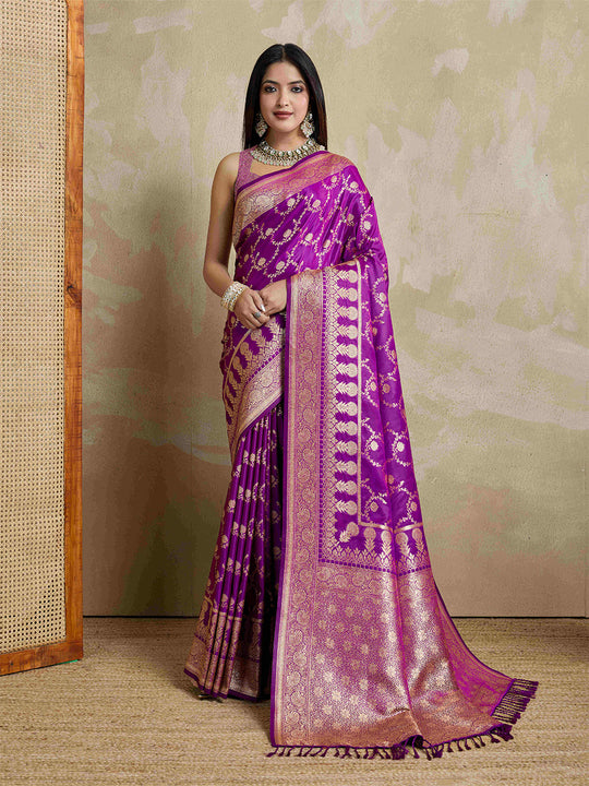 Voilet Pure Satin Banarasi Saree With Tassels Saree With Blouse Piece