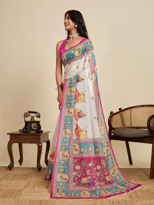 Multicolour Linen Saree With Jari Border All Over Single Colour Printed Saree With Blouse Piece