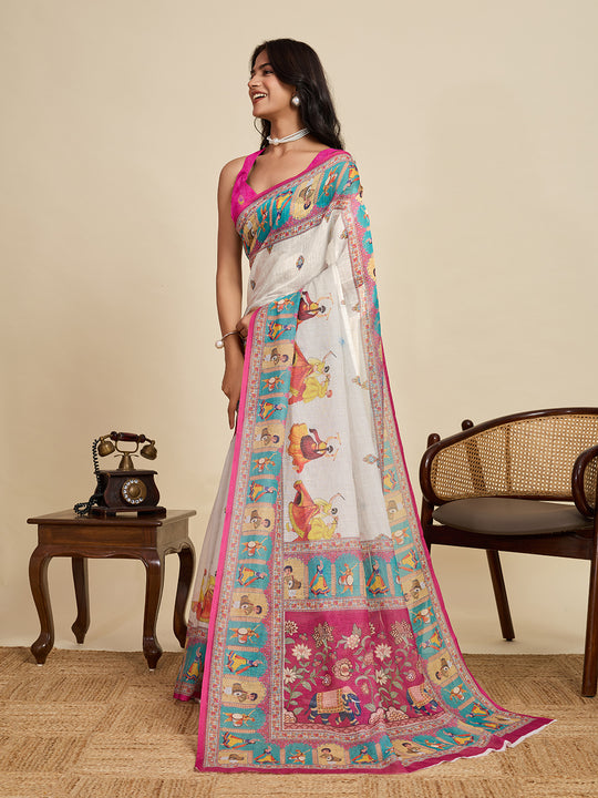 Multicolour Linen Saree With Jari Border All Over Single Colour Printed Saree With Blouse Piece