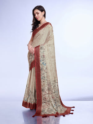 Cream Poly Silk Daily Wear Saree With Blouse Piece
