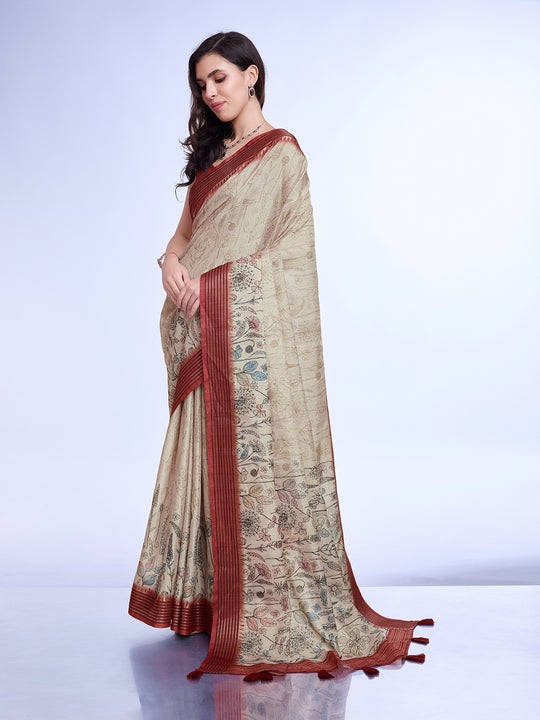 Cream Poly Silk Daily Wear Saree With Blouse Piece