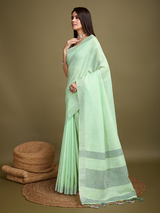 Sea Green Linen Blend Daily Wear Saree With Blouse Piece