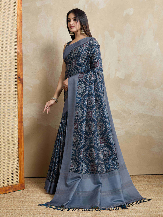 Indigoblue Pure Handloom Tussar Woven Pallu Ajrakh Printed With Blouse Piece