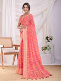 Coral Pink Pure Chiffon Viscose Border Block Printed Saree With Blouse Piece