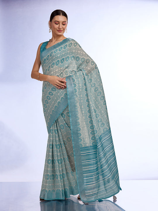 Sea Green Linen Blend Saree With Blouse Piece