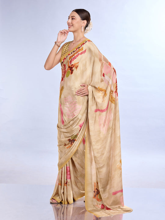 Beige  Satin Saree With Blouse Piece