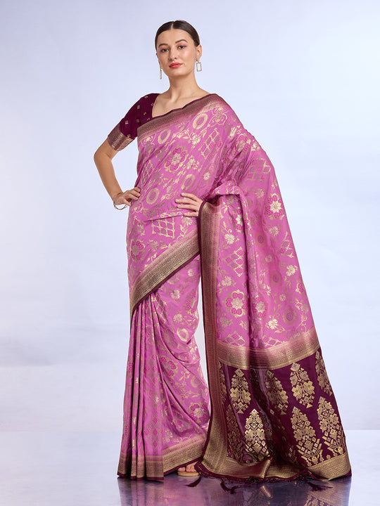 Pink Pure Silk Saree With Blouse Piece