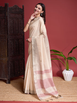 Beige  Linen Blend Saree With Blouse Piece