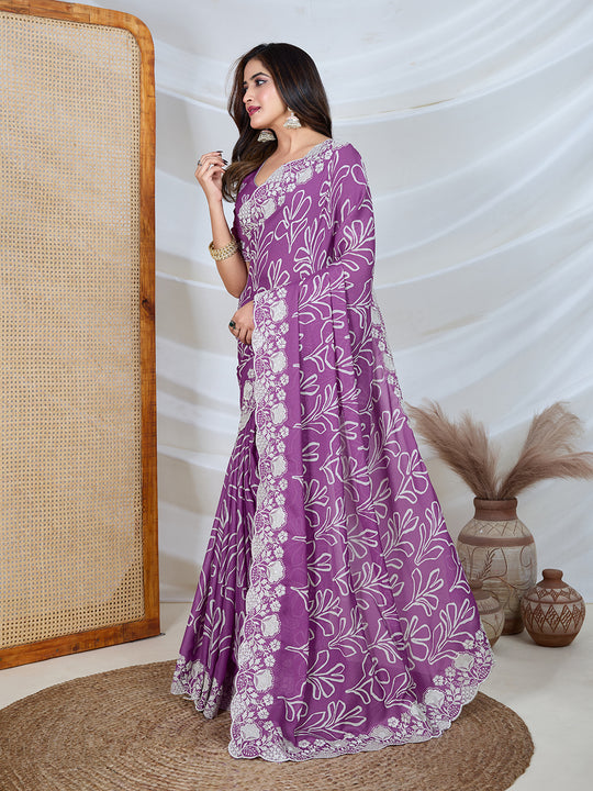 Poly Georgette Geometric Print Saree With Embroidery And Scaloping Work With Unstitched Blouse Piece