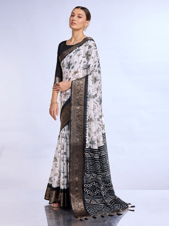 White & Black Dola Silk Saree With Blouse Piece