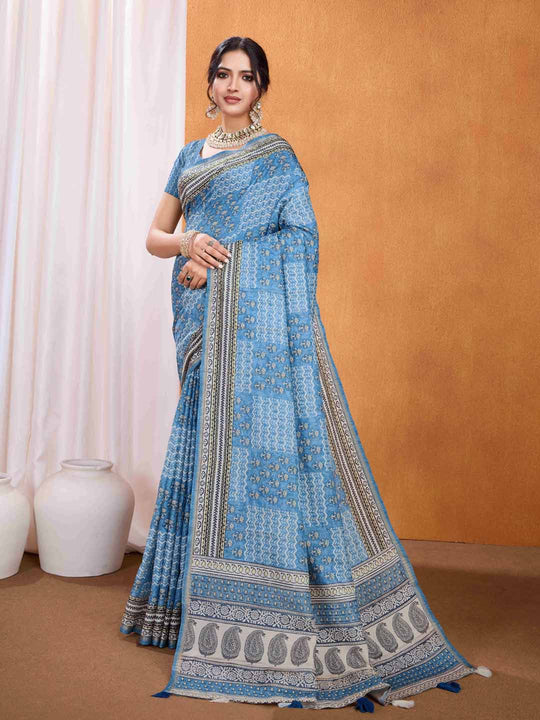 Blue Pure Tussar Silk Ajrakh Block Printed With Blouse Piece