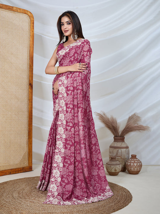 Poly Georgette Geometric Print Saree With Embroidery And Scaloping Work With Unstitched Blouse Piece