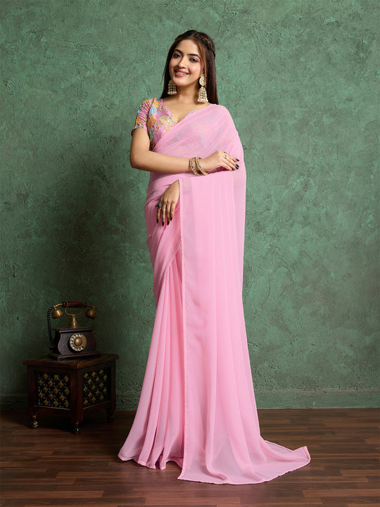 Poly Chiffon Dyed Saree With Heavy Embroidered Blouse Piece
