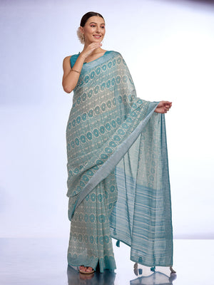 Sea Green Linen Blend Saree With Blouse Piece