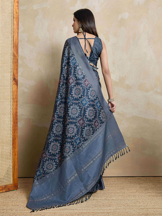 Indigoblue Pure Handloom Tussar Woven Pallu Ajrakh Printed With Blouse Piece
