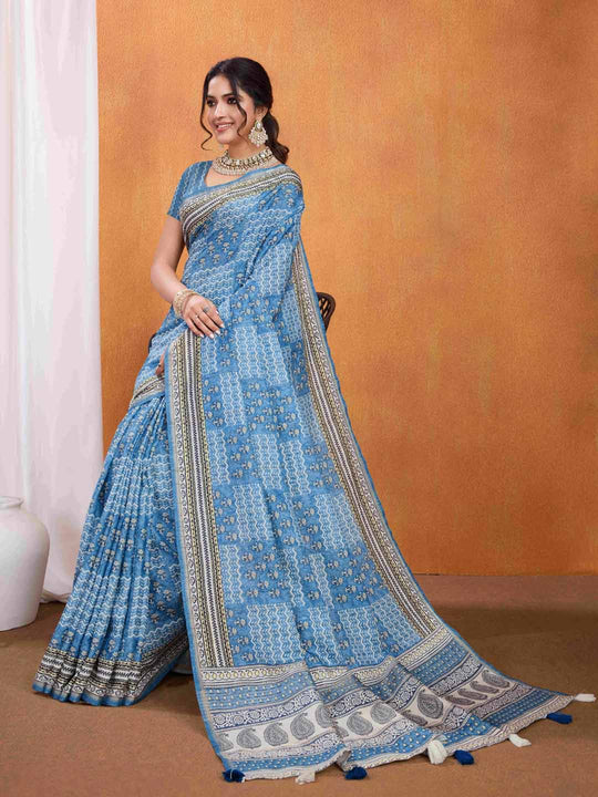 Blue Pure Tussar Silk Ajrakh Block Printed With Blouse Piece
