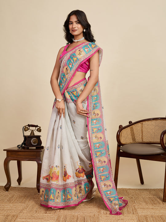 Multicolour Linen Saree With Jari Border All Over Single Colour Printed Saree With Blouse Piece