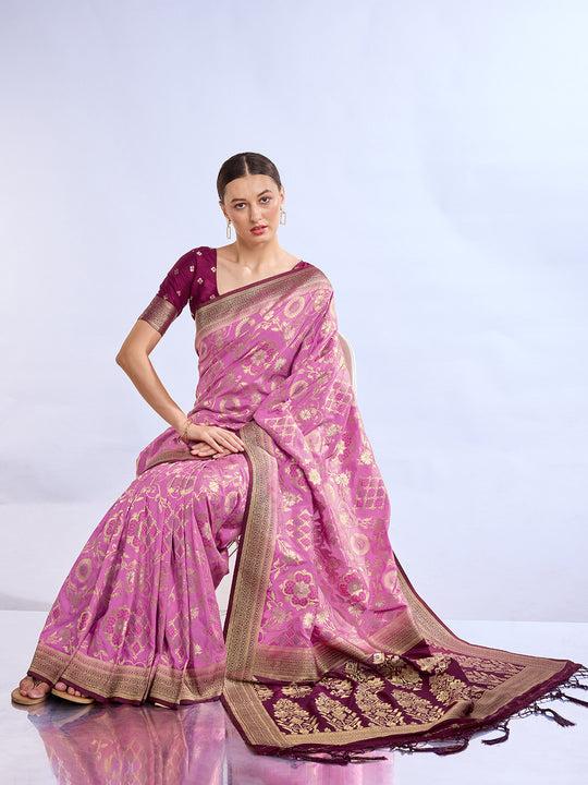 Pink Pure Silk Saree With Blouse Piece