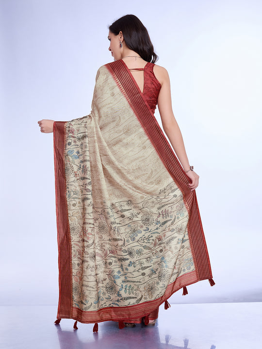 Cream Poly Silk Daily Wear Saree With Blouse Piece
