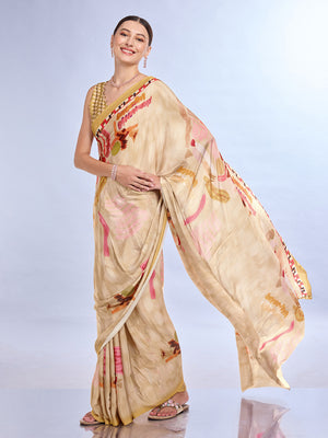 Beige  Satin Saree With Blouse Piece