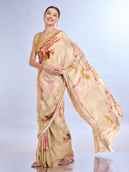 Beige  Satin Saree With Blouse Piece