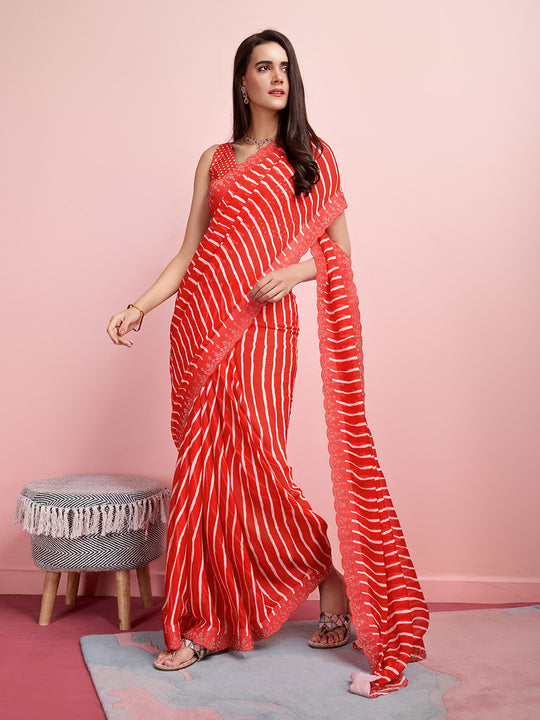 Red Chiffon Festive Saree With Blouse Piece