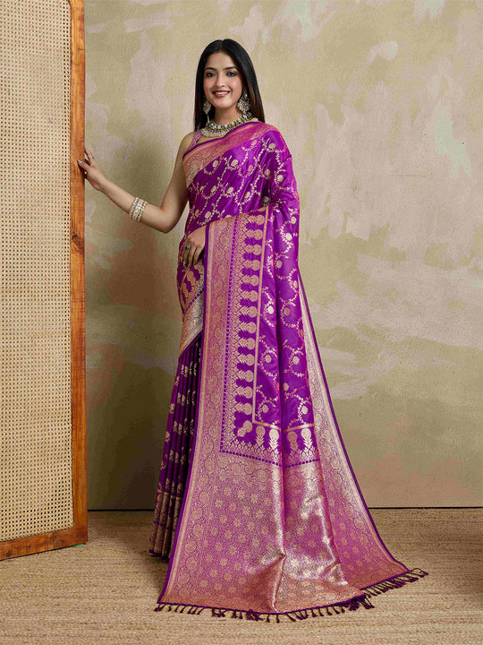 Voilet Pure Satin Banarasi Saree With Tassels Saree With Blouse Piece