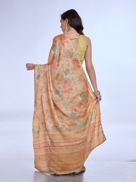 Peach Poly Chiffon Festive Wear Saree With Blouse Piecde