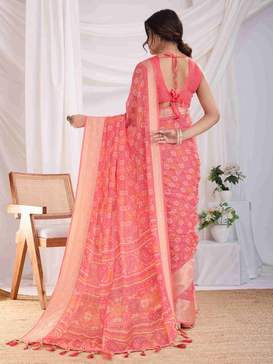Coral Pink Pure Chiffon Viscose Border Block Printed Saree With Blouse Piece