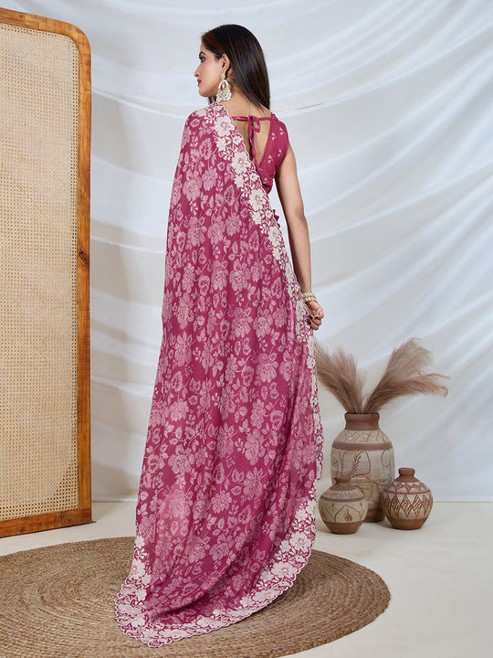 Poly Georgette Geometric Print Saree With Embroidery And Scaloping Work With Unstitched Blouse Piece