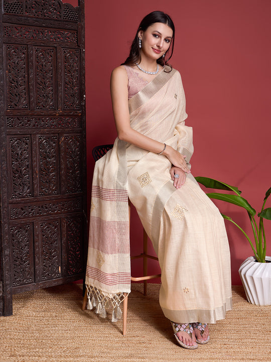 Beige  Linen Blend Saree With Blouse Piece
