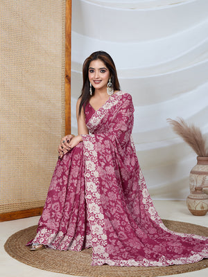 Poly Georgette Geometric Print Saree With Embroidery And Scaloping Work With Unstitched Blouse Piece