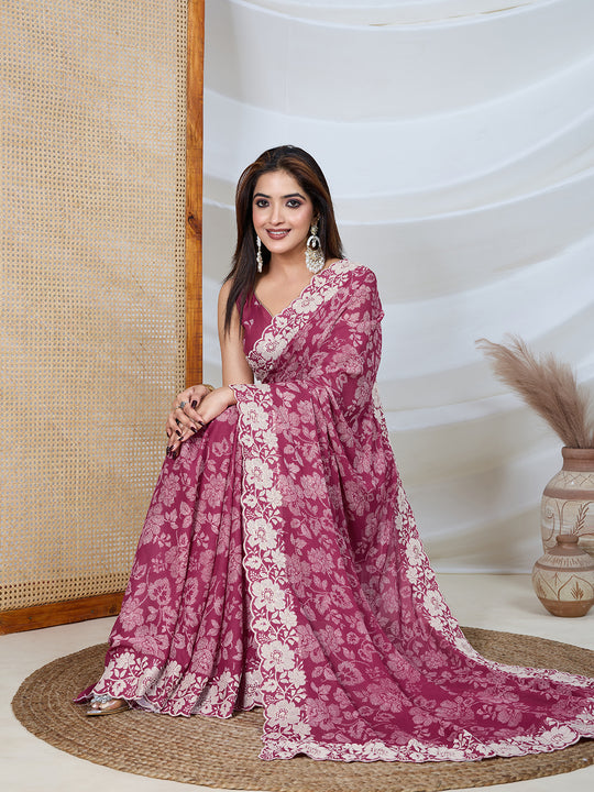 Poly Georgette Geometric Print Saree With Embroidery And Scaloping Work With Unstitched Blouse Piece