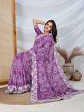 Poly Georgette Geometric Print Saree With Embroidery And Scaloping Work With Unstitched Blouse Piece