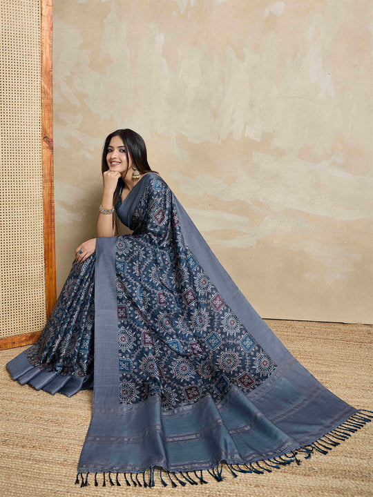 Indigoblue Pure Handloom Tussar Woven Pallu Ajrakh Printed With Blouse Piece