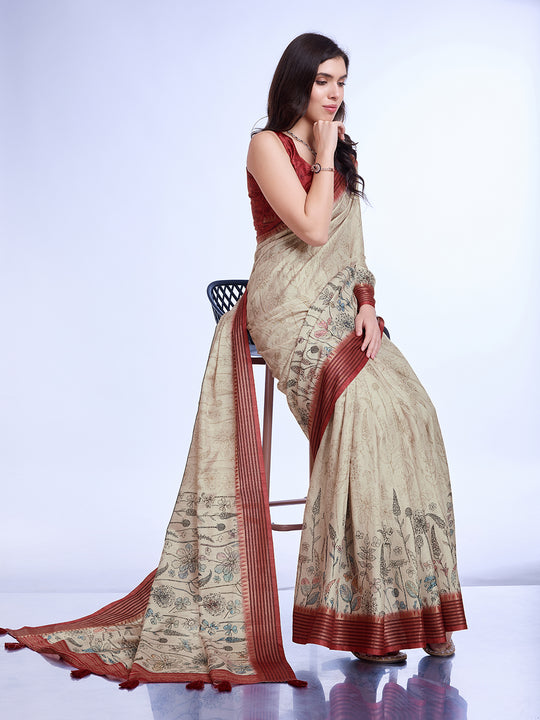 Cream Poly Silk Daily Wear Saree With Blouse Piece