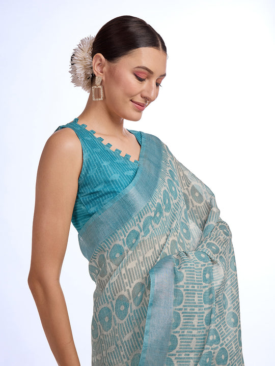 Sea Green Linen Blend Saree With Blouse Piece