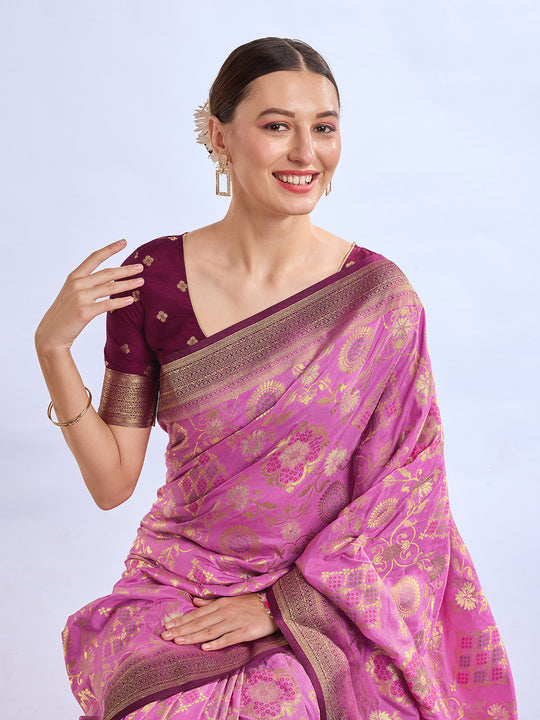 Pink Pure Silk Saree With Blouse Piece