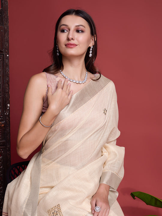 Beige  Linen Blend Saree With Blouse Piece