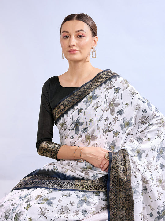 White & Black Dola Silk Saree With Blouse Piece
