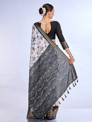 White & Black Dola Silk Saree With Blouse Piece