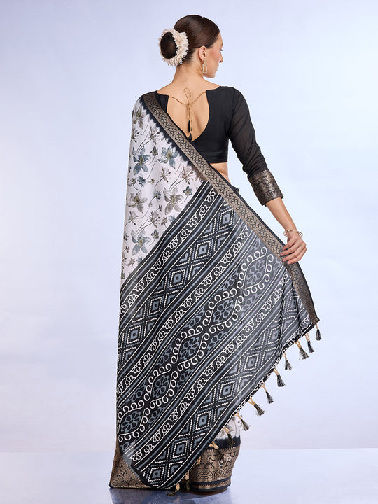 White & Black Dola Silk Saree With Blouse Piece
