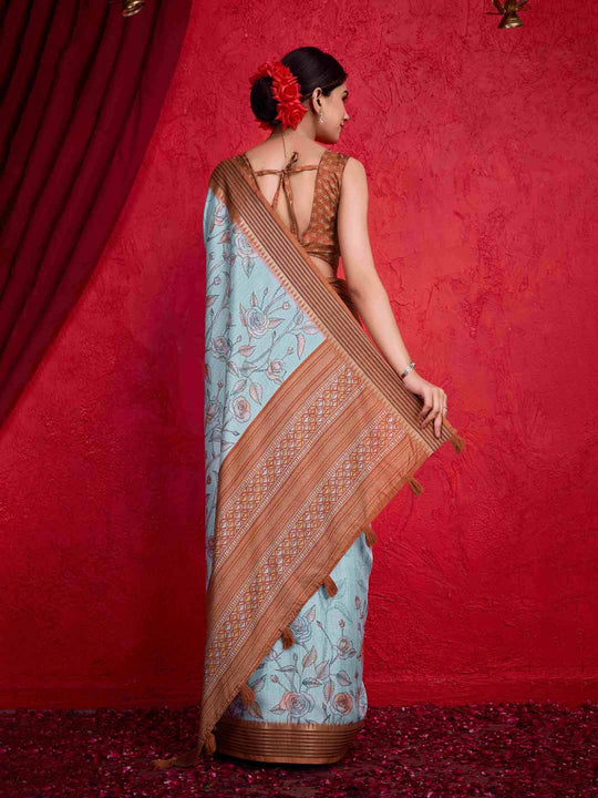 Teal Pure Tussar Viscose Border Paisley Digital Printed  With Blouse Piece