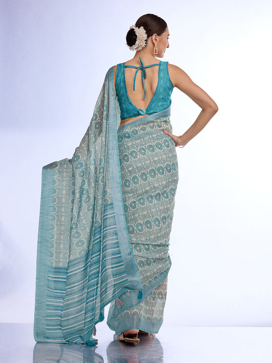 Sea Green Linen Blend Saree With Blouse Piece