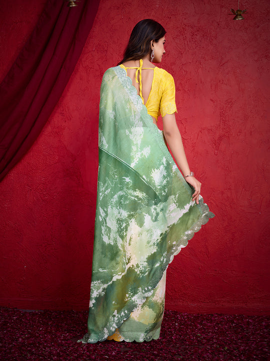 Green Poly Chiffon Saree With Blouse Piece