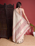 Beige  Linen Blend Saree With Blouse Piece