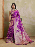 Voilet Pure Satin Banarasi Saree With Tassels Saree With Blouse Piece