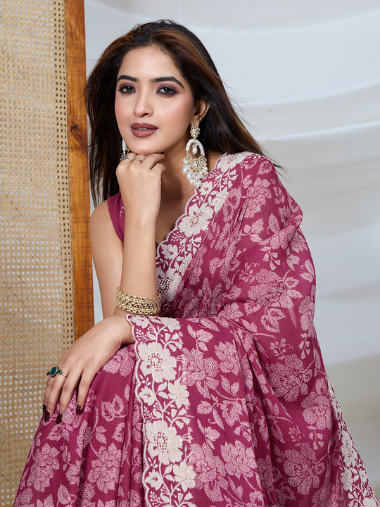 Poly Georgette Geometric Print Saree With Embroidery And Scaloping Work With Unstitched Blouse Piece