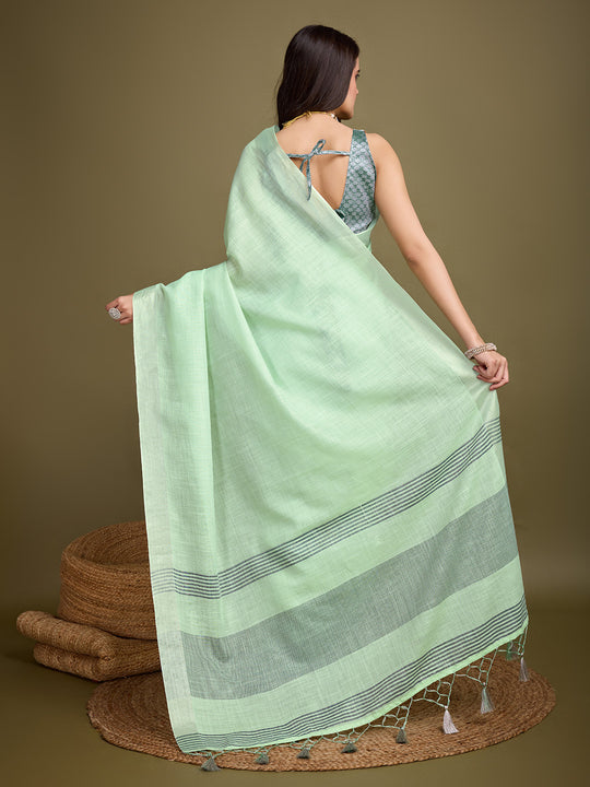 Sea Green Linen Blend Daily Wear Saree With Blouse Piece